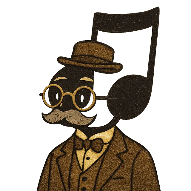 Quaverley, the mascot: a quaver note in a hat, spectacles and a moustache