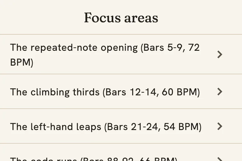 A list of focus areas in Quaverley, each with its bars and target tempo