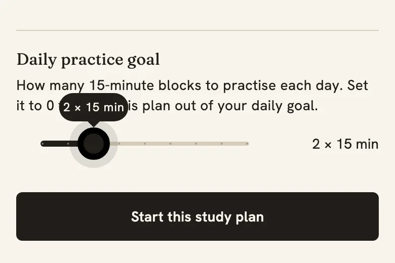 Setting the daily practice goal in Quaverley, with the value shown as you drag