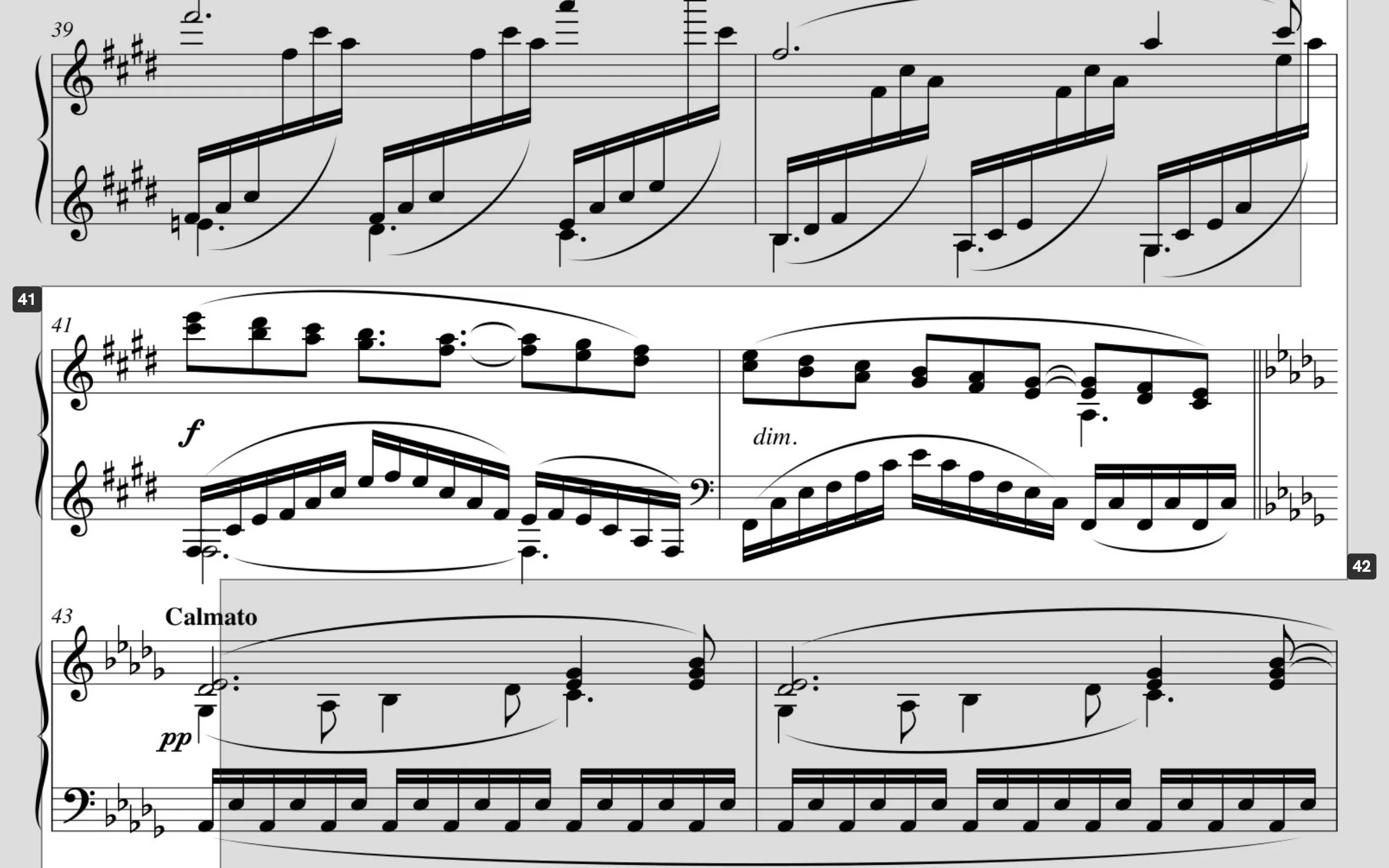 A hard passage of Clair de lune, zoomed with the practised bars of the full score marked