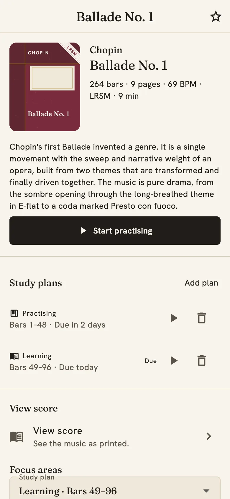 Piece page with its study plans