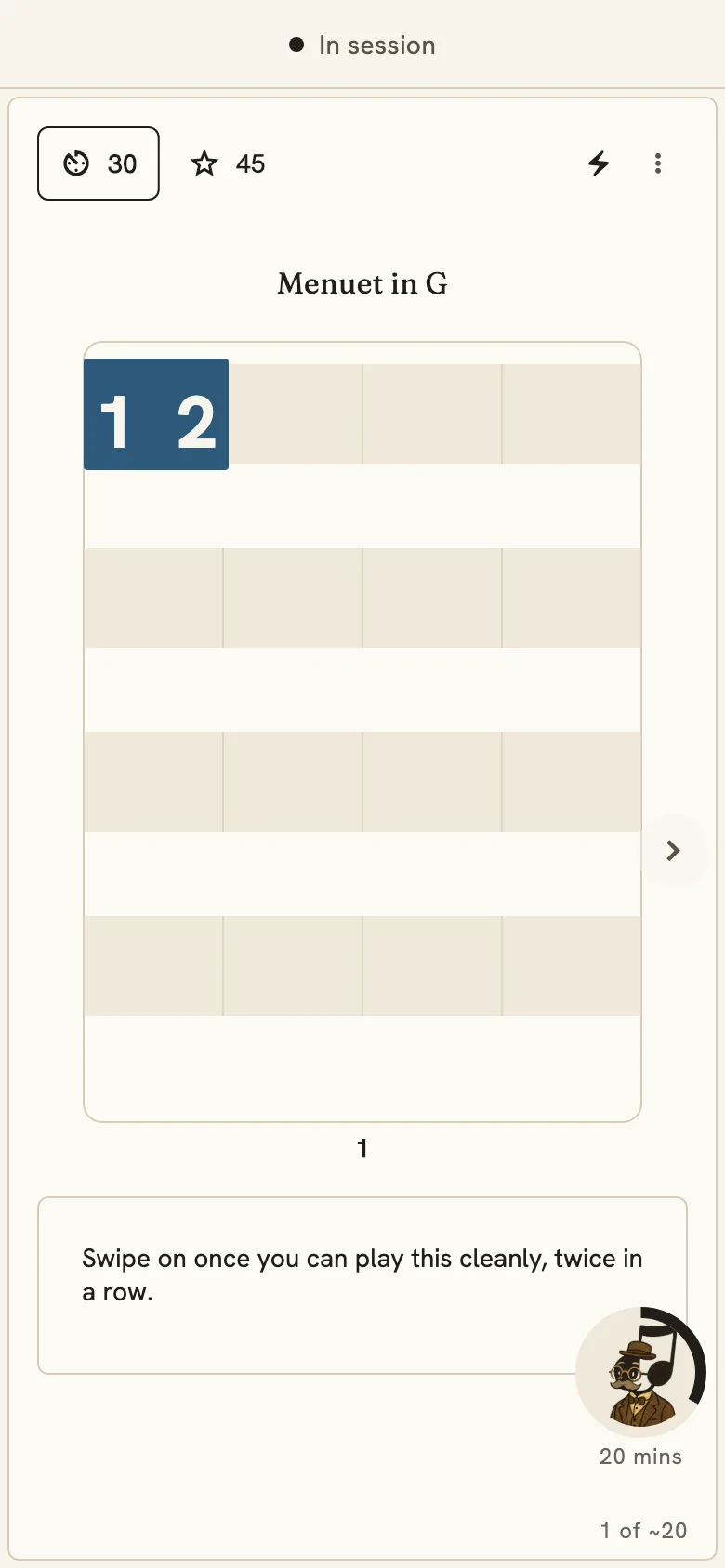 A small practice card in Quaverley for the Menuet in G, at a low tempo with a metronome